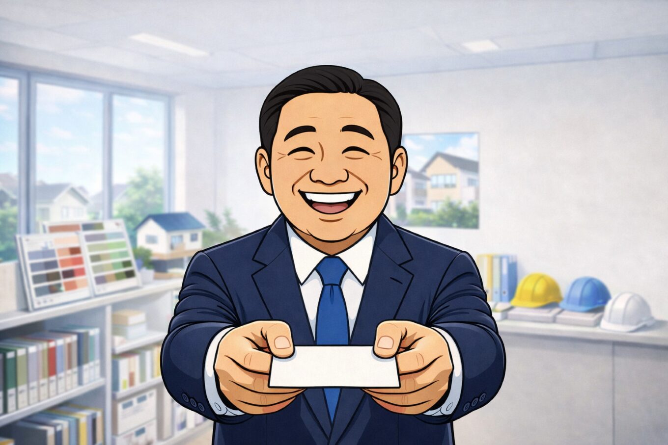 名刺を差し出す営業おじさんのプロフィール用アイキャッチ画像