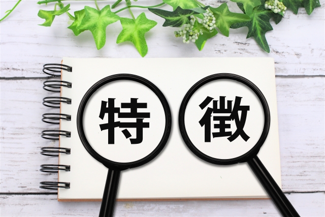 ノートの上に置かれた2つの虫眼鏡と「特徴」の文字で、サービスの特徴や比較ポイントをイメージした画像