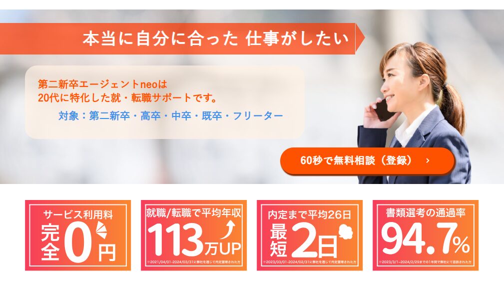 第二新卒エージェントneoの訴求画像。20代未経験向けの転職支援を案内している
