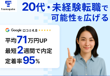 ツナグバの訴求画像。20代の未経験転職で可能性を広げたい人向けに、平均年収アップや内定までの早さ、定着率を伝えている