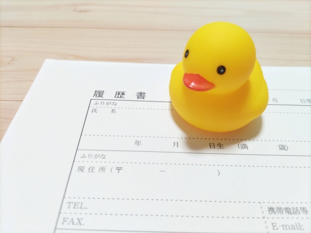 履歴書の上に置かれた黄色いアヒルのイメージ画像
