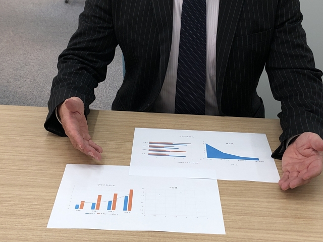 資料やグラフを使って顧客に説明する営業マン