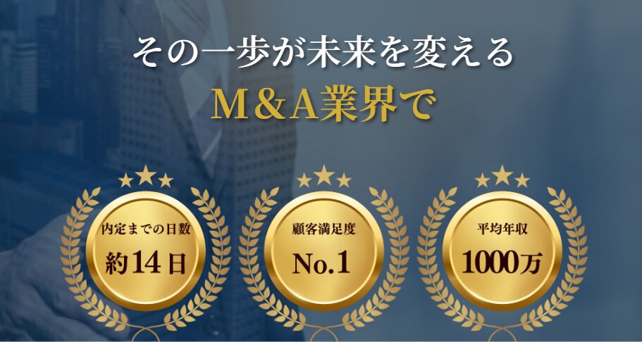 M&Aキャリアの公式サイト画像。M&A業界への転職支援として、内定までの日数、顧客満足度、平均年収の実績が表示されている。